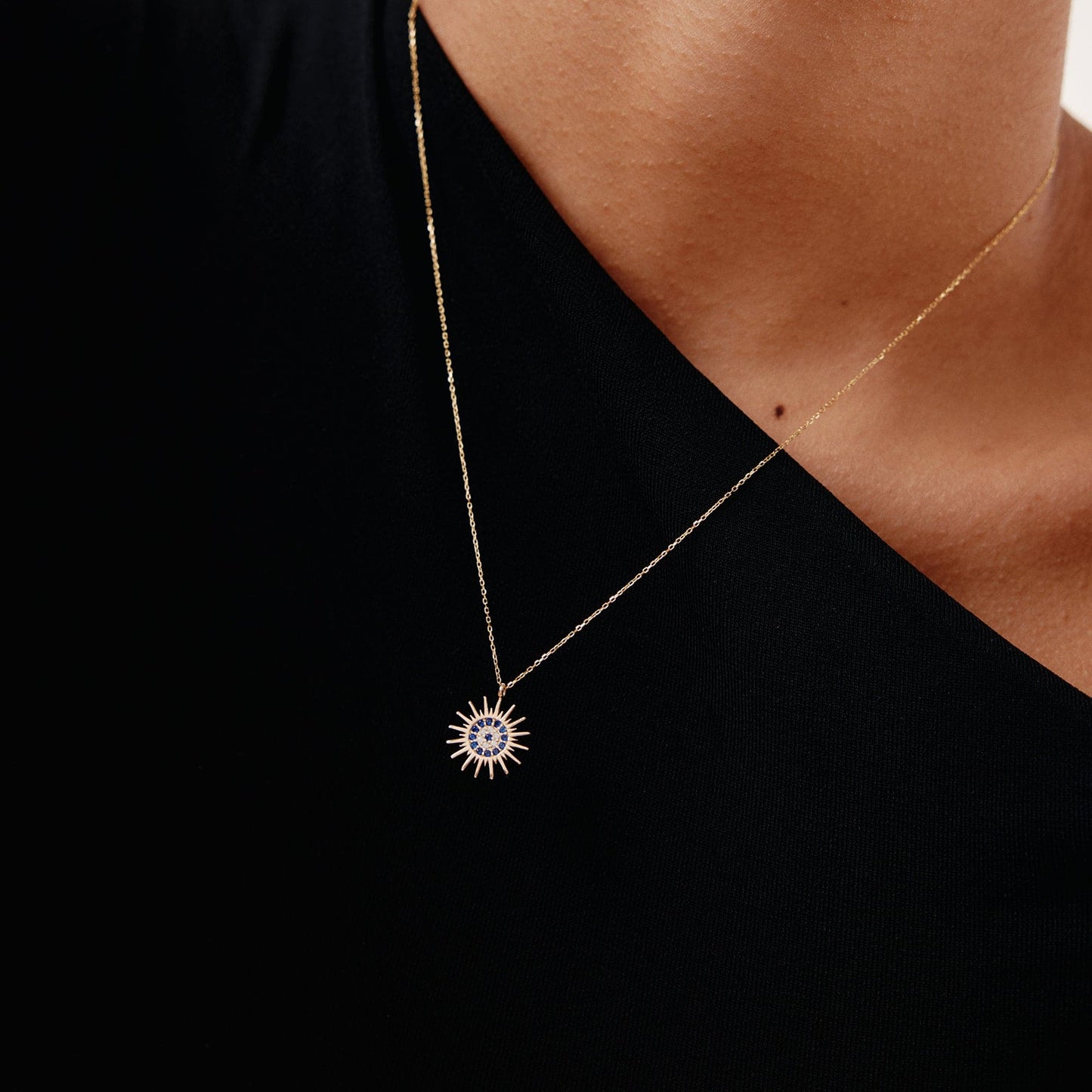 Evil Eye Sun Necklace in 14K Solid Gold