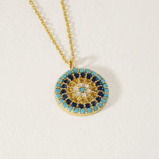 Round Evil Eye Necklace in 14K Solid Gold