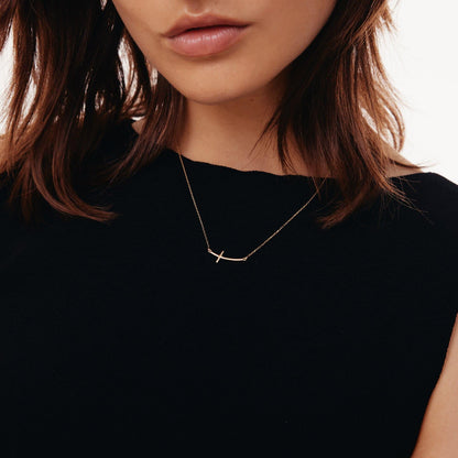 Sideways Curved Cross Necklace in 14K Solid Gold