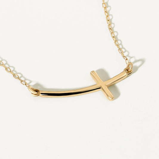 Sideways Curved Cross Necklace in 14K Solid Gold