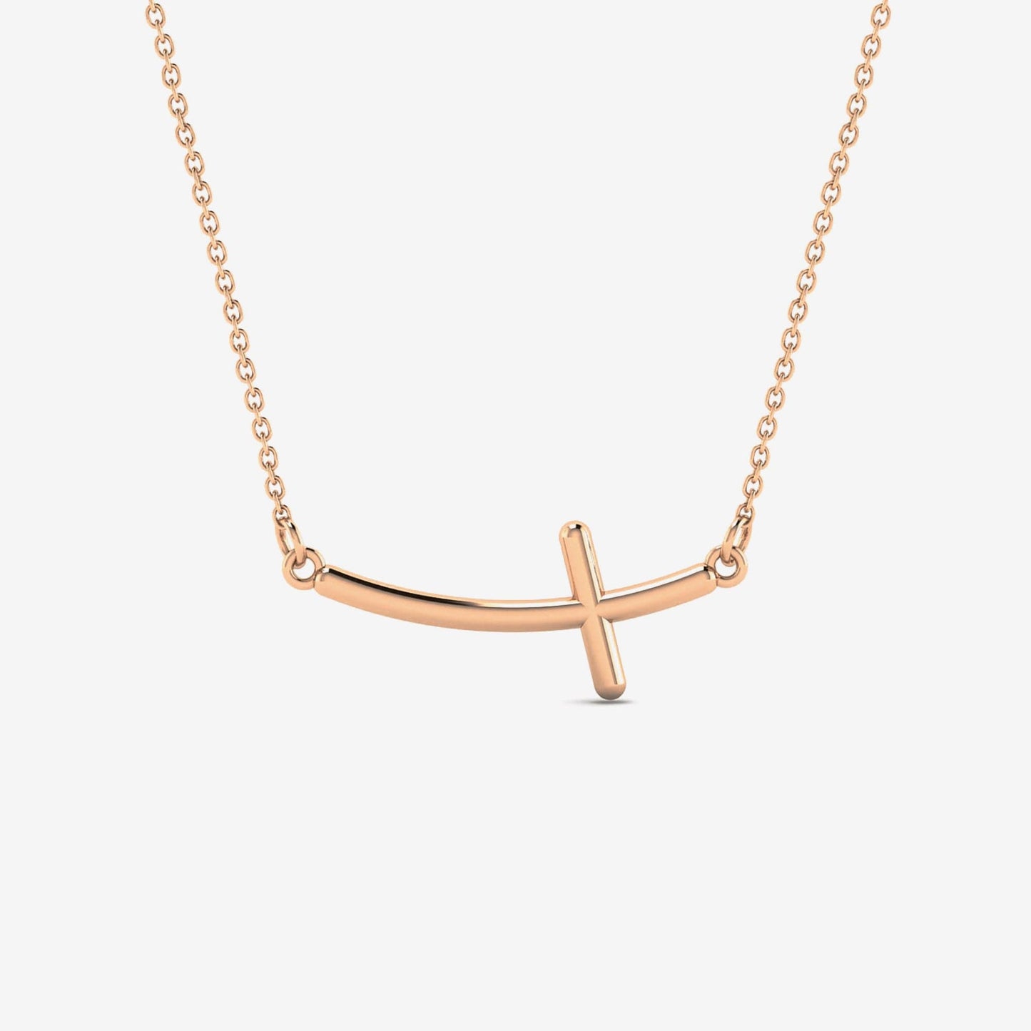 Sideways Curved Cross Necklace in 14K Solid Gold