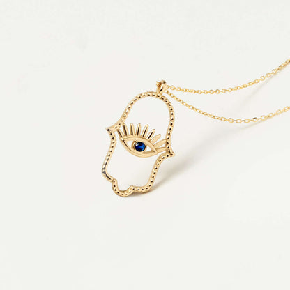 Collier Hamsa avec œil maléfique en saphir et or 14 carats