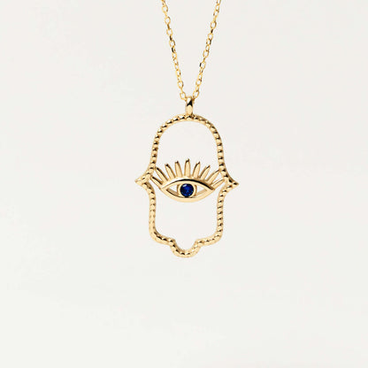 Collier Hamsa avec œil maléfique en saphir et or 14 carats