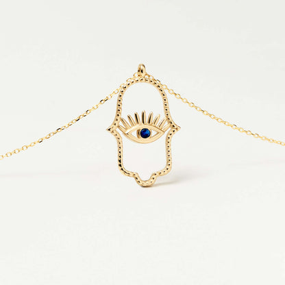 Collier Hamsa avec œil maléfique en saphir et or 14 carats