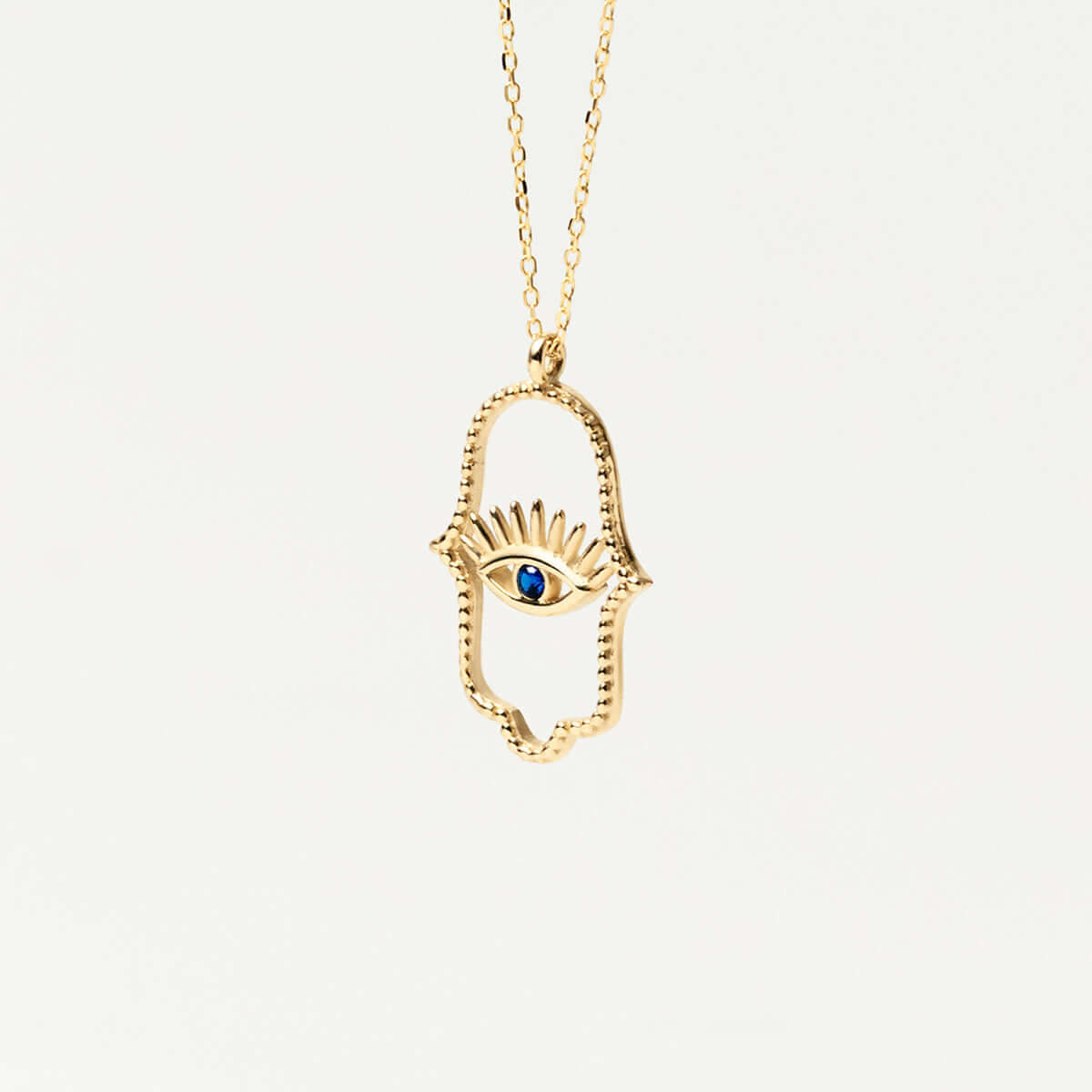 Collier Hamsa avec œil maléfique en saphir et or 14 carats