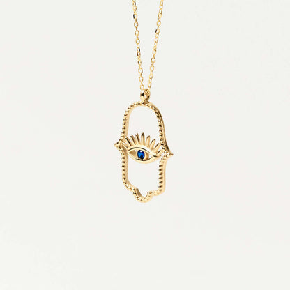 Collier Hamsa avec œil maléfique en saphir et or 14 carats