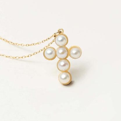 Pearl Cross Pendant Necklace in 14K Solid Gold