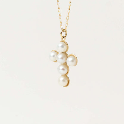 Pearl Cross Pendant Necklace in 14K Solid Gold