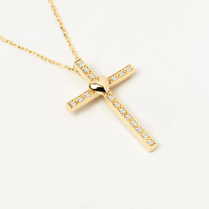 Heart on A Diamond Cross Necklace in 14K Solid Gold