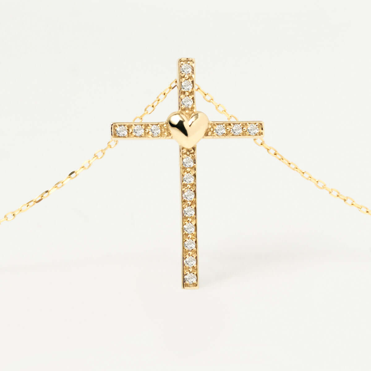 Heart on A Diamond Cross Necklace in 14K Solid Gold