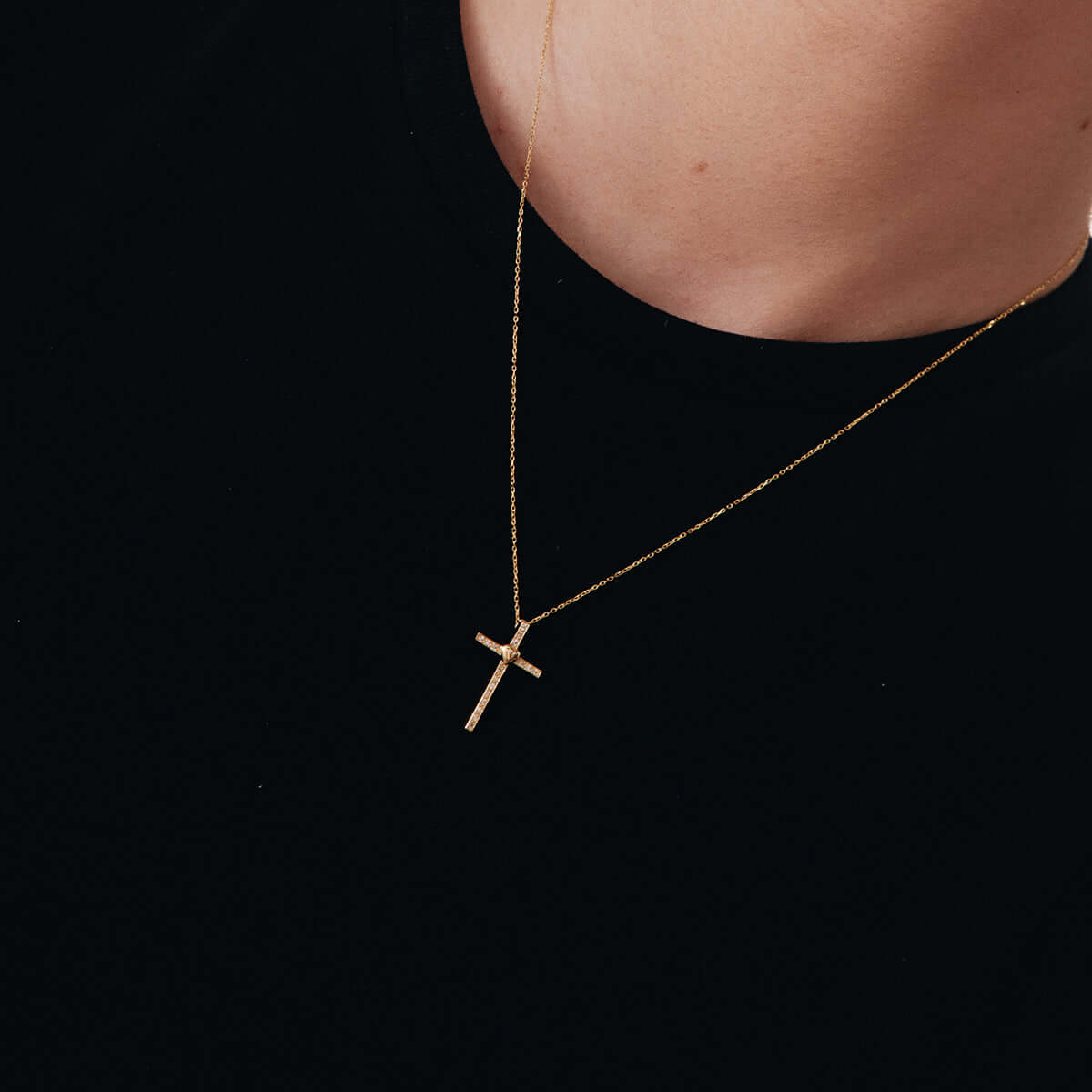 Heart on A Diamond Cross Necklace in 14K Solid Gold