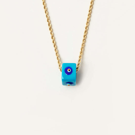 Square Evil Eye Bead Necklace with Rope Chain in 14K Solid Gold