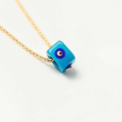 Square Evil Eye Bead Necklace with Rope Chain in 14K Solid Gold