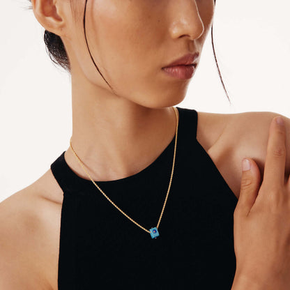 Square Evil Eye Bead Necklace with Rope Chain in 14K Solid Gold