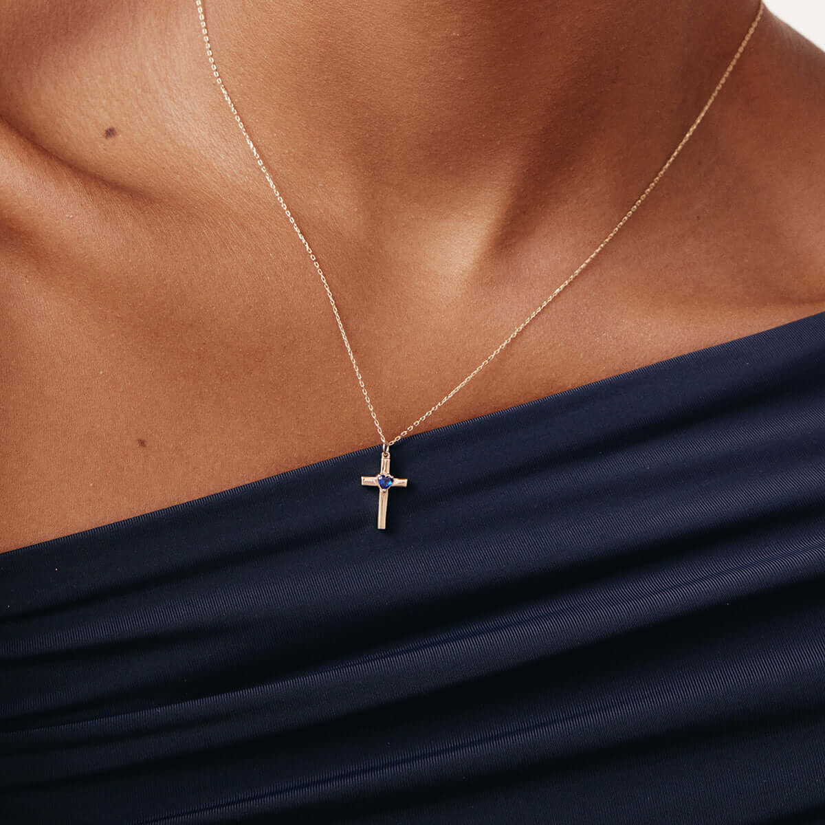 Birthstone Heart Cross Pendant Necklace in 14K Solid Gold