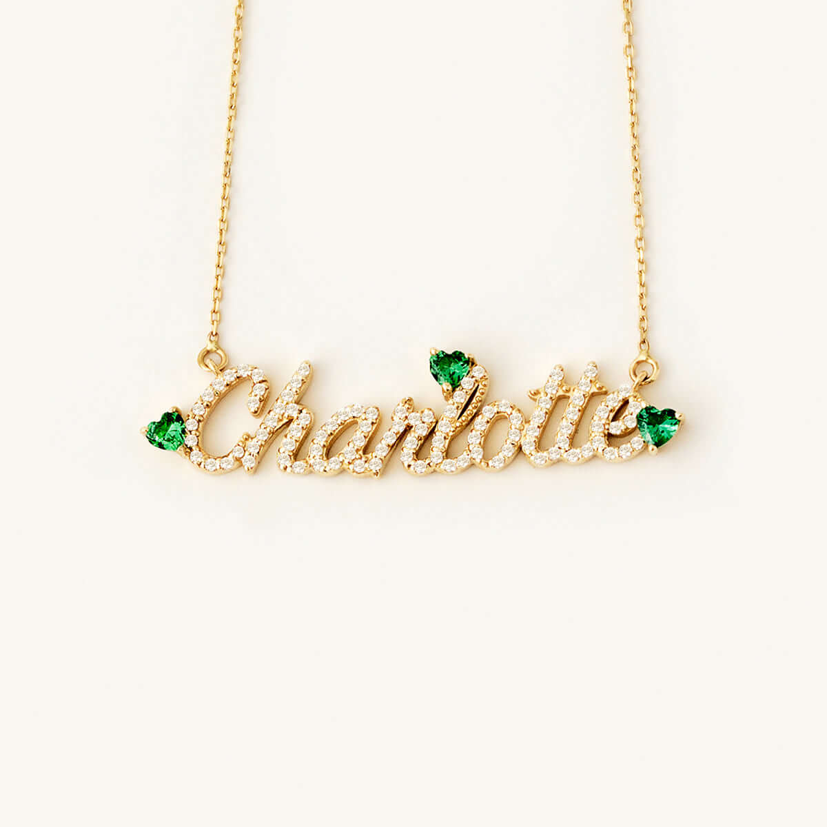 April Diamond Name Necklace with Birthstone Hearts in 14K Solid Gold