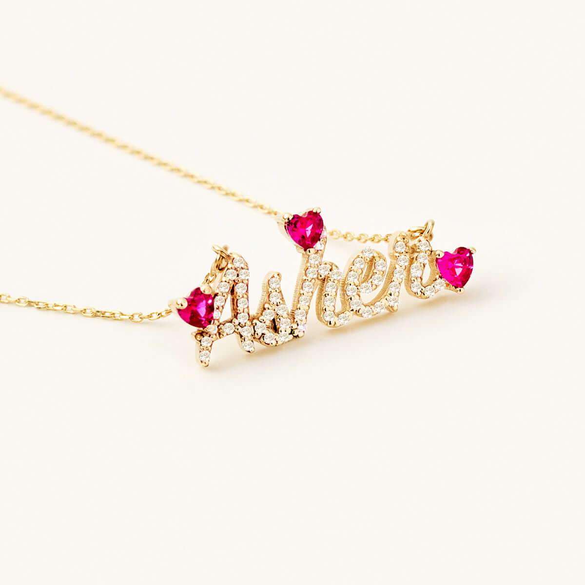 April Diamond Name Necklace with Birthstone Hearts in 14K Solid Gold