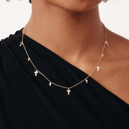 Dainty Cross Station Necklace in 14K Solid Gold