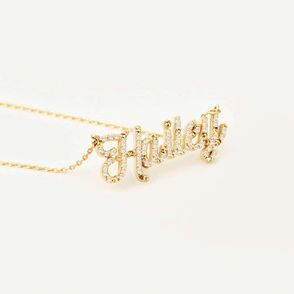 Birthstone Diamond Pave Name Necklace in 14K Solid Gold