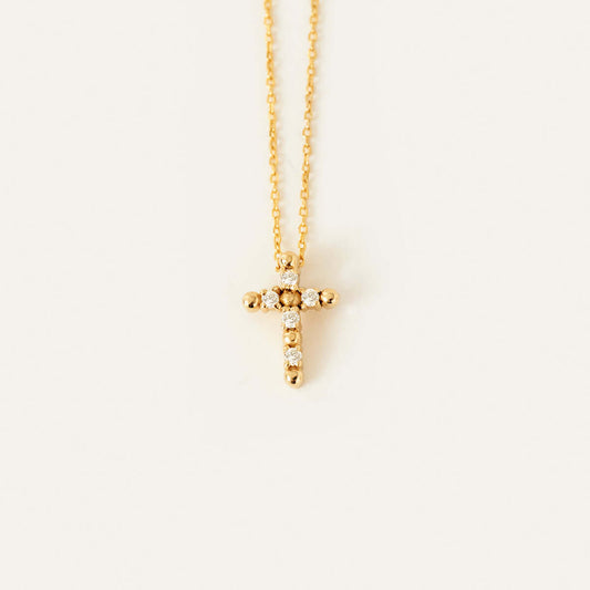 Diamond Beaded Cross Necklace in 14K Solid Gold