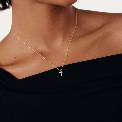 Diamond Beaded Cross Necklace in 14K Solid Gold