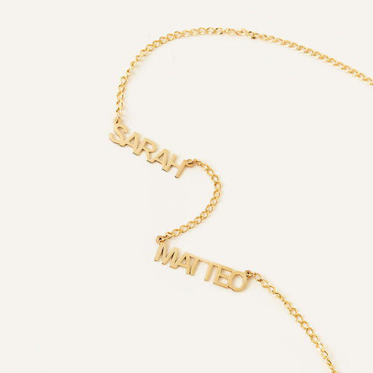 Curb Chain Double Name Necklace in 14K Solid Gold