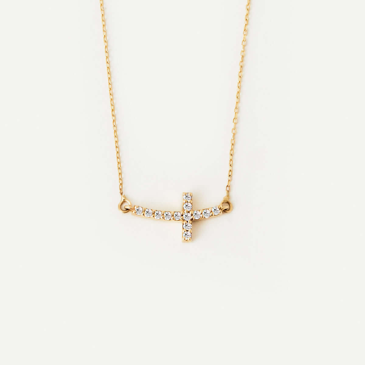 Diamond Curved Cross Necklace in 14K Solid Gold