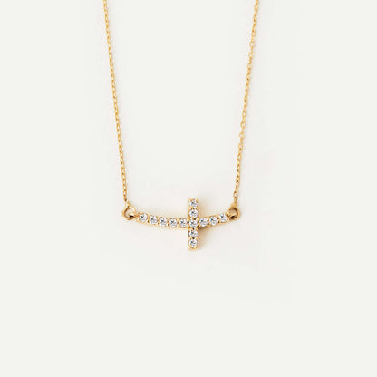 Diamond Curved Cross Necklace in 14K Solid Gold