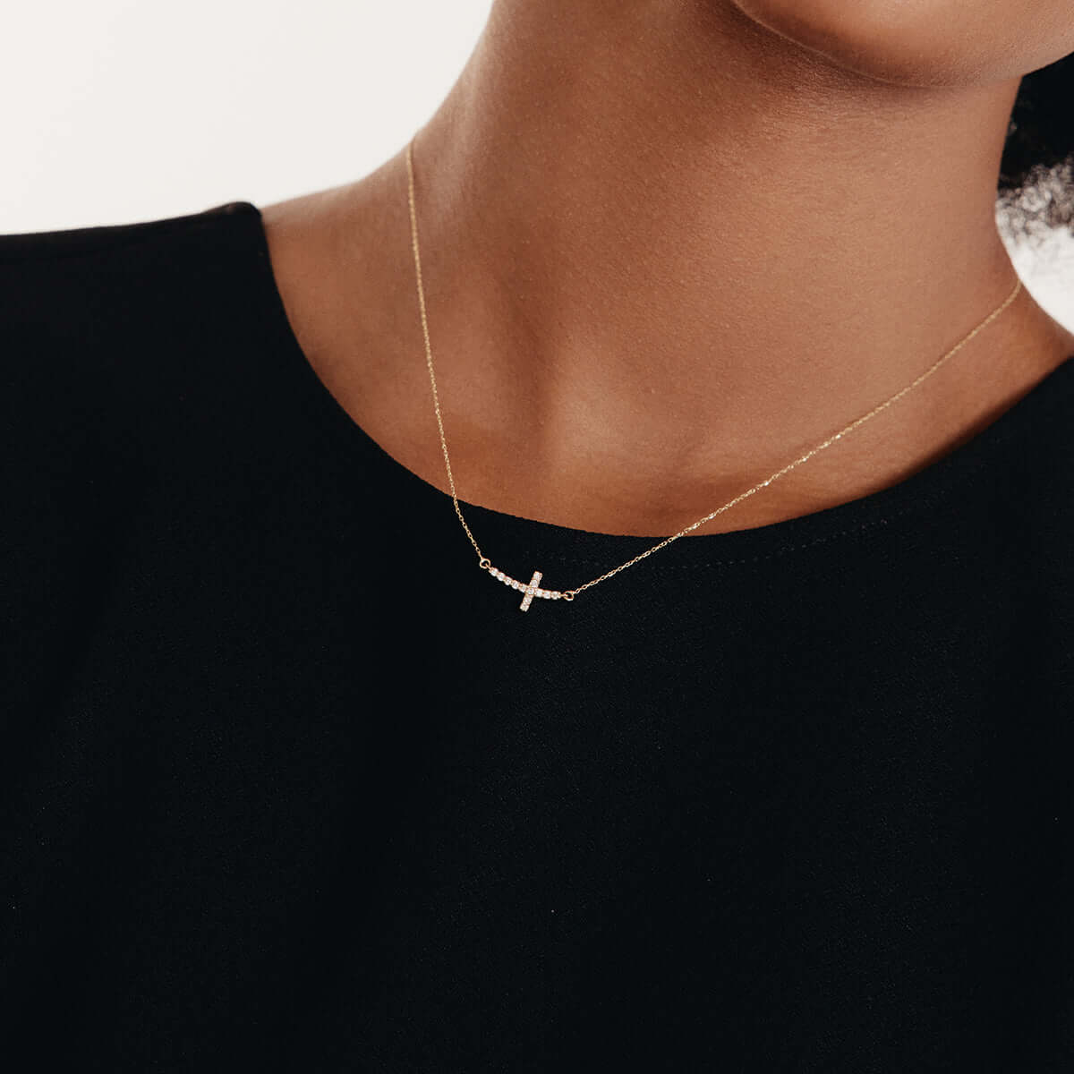 Diamond Curved Cross Necklace in 14K Solid Gold