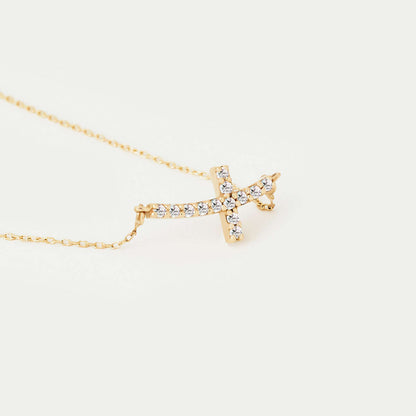 Diamond Curved Cross Necklace in 14K Solid Gold