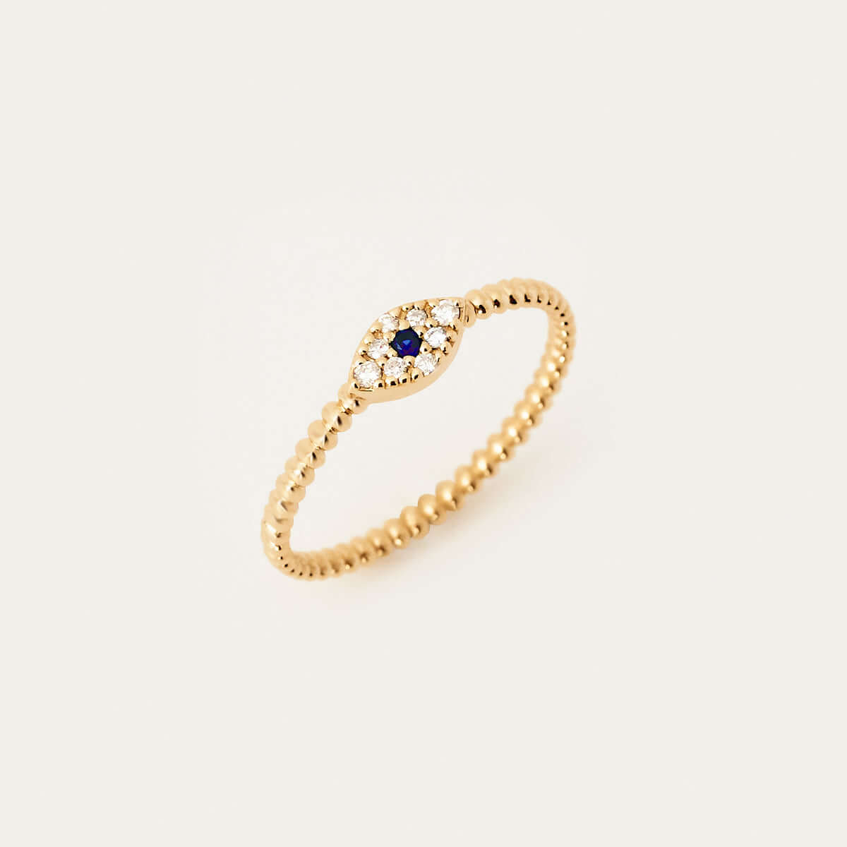 Beaded Diamond and Sapphire Evil Eye Ring in 14K Solid Gold