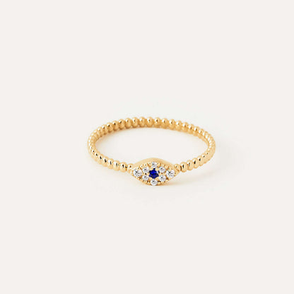 Beaded Diamond and Sapphire Evil Eye Ring in 14K Solid Gold