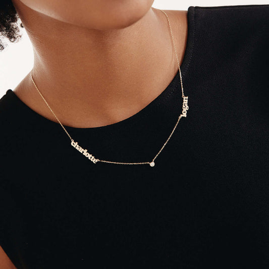 Collier avec deux noms et un diamant en or massif 14 carats