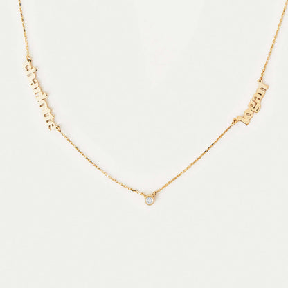 Two Name and Bezel Diamond Necklace in 14K Solid Gold