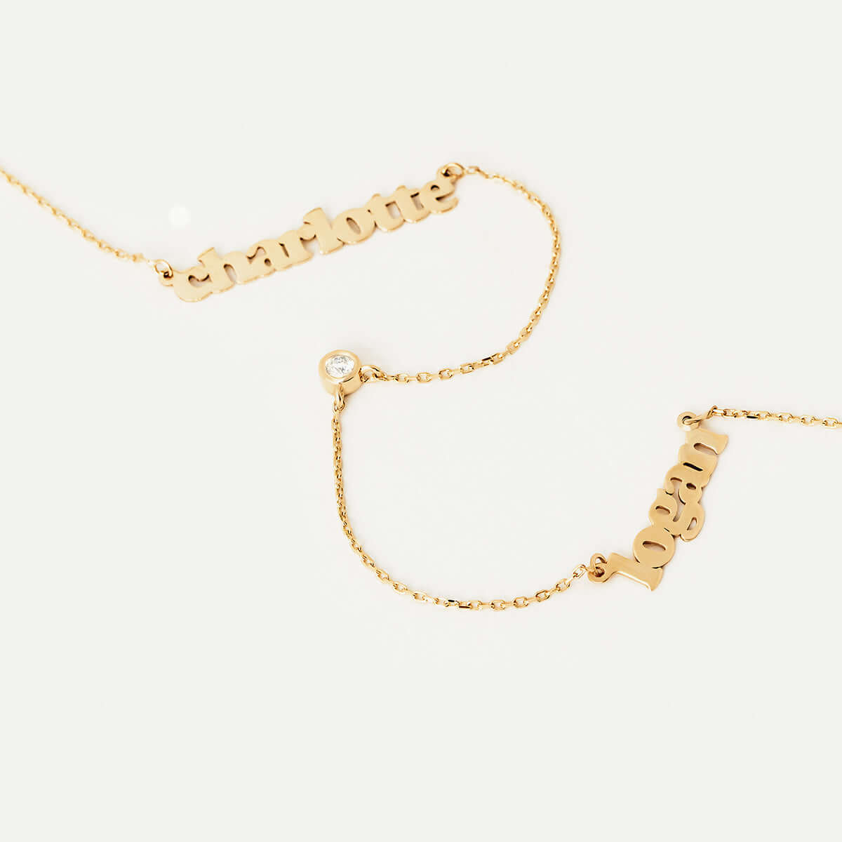 Two Name and Bezel Diamond Necklace in 14K Solid Gold