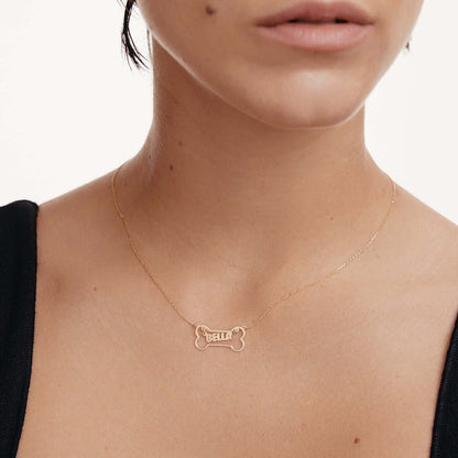 Bone with Dog Name Necklace in 14K Solid Gold