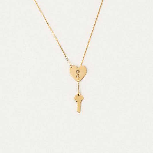 Heart Lock and Key Y-Necklace in 14K Solid Gold