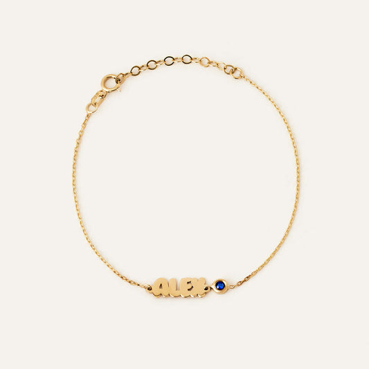 Birthstone Bubble Name Bracelet in 14K Solid Gold