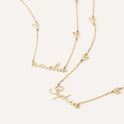 Custom Heart Name Station Necklace in 14K Solid Gold