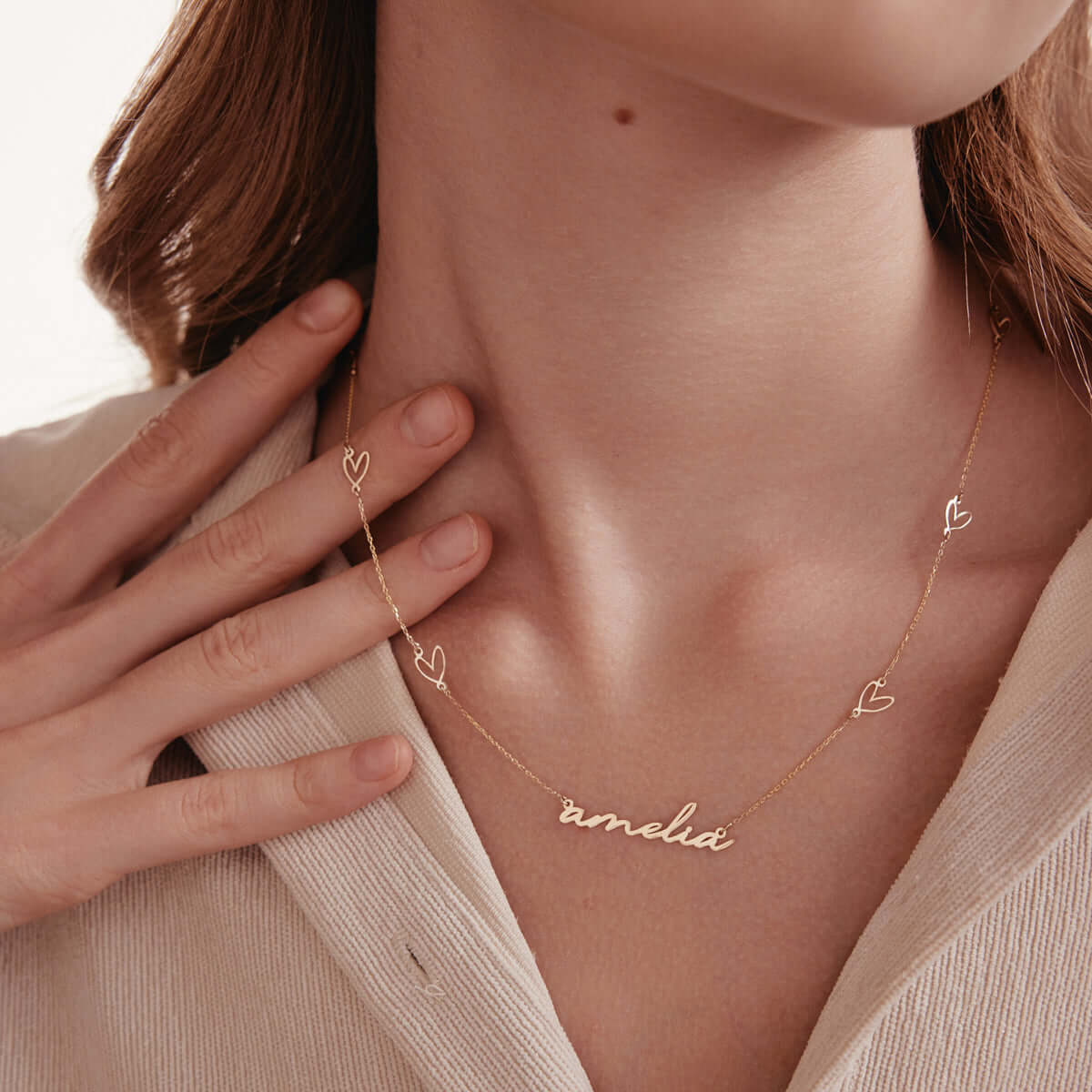 Custom Heart Name Station Necklace in 14K Solid Gold