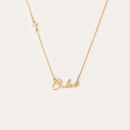 Custom Name Necklace with Sideways Cross in 14K Solid Gold