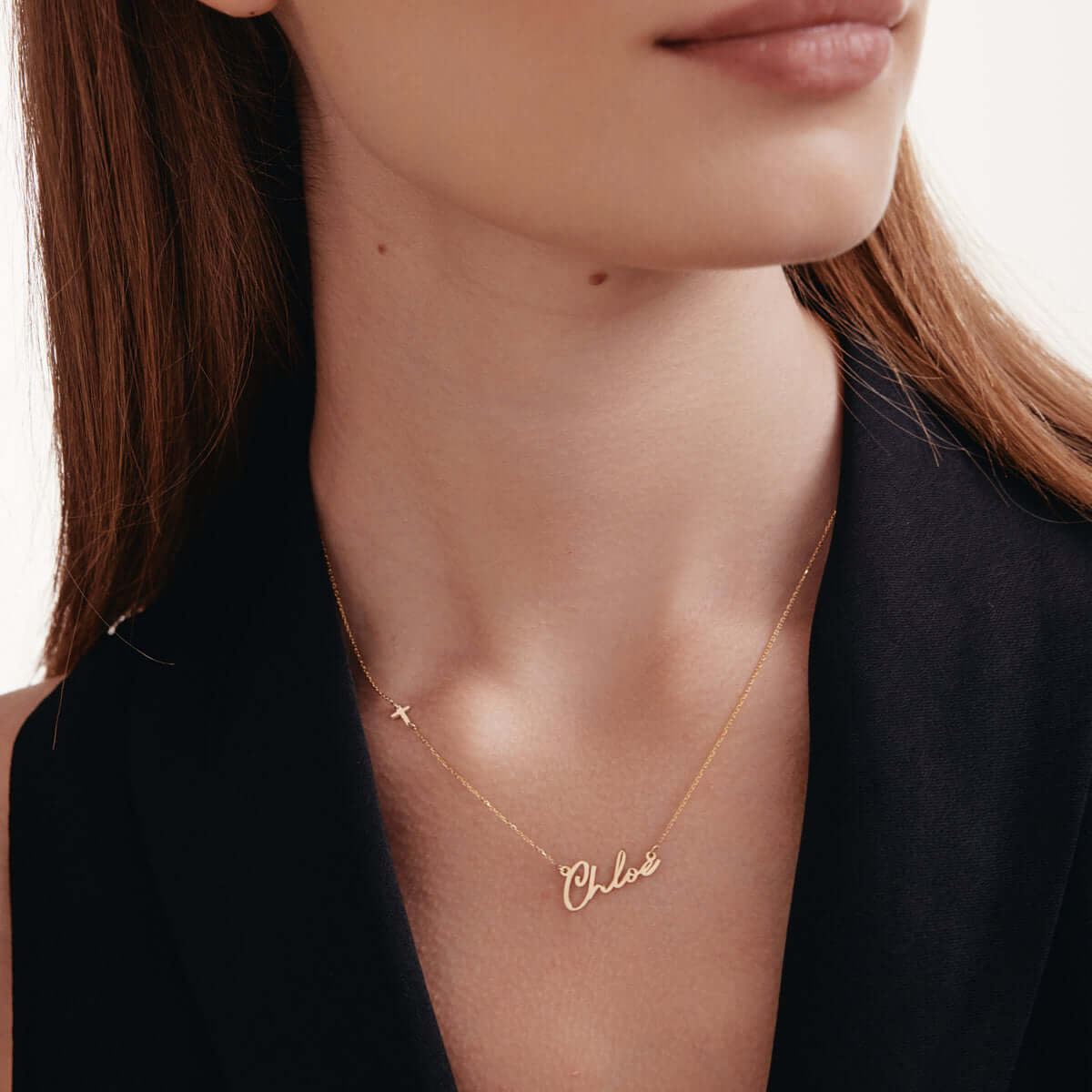 Custom Name Necklace with Sideways Cross in 14K Solid Gold – Gelin Diamond
