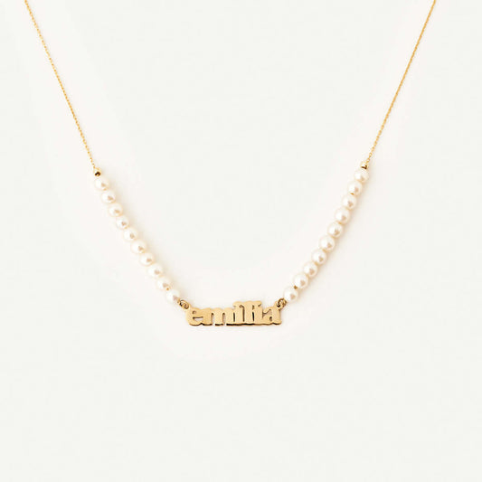 Custom Pearl Name Necklace in 14K Solid Gold