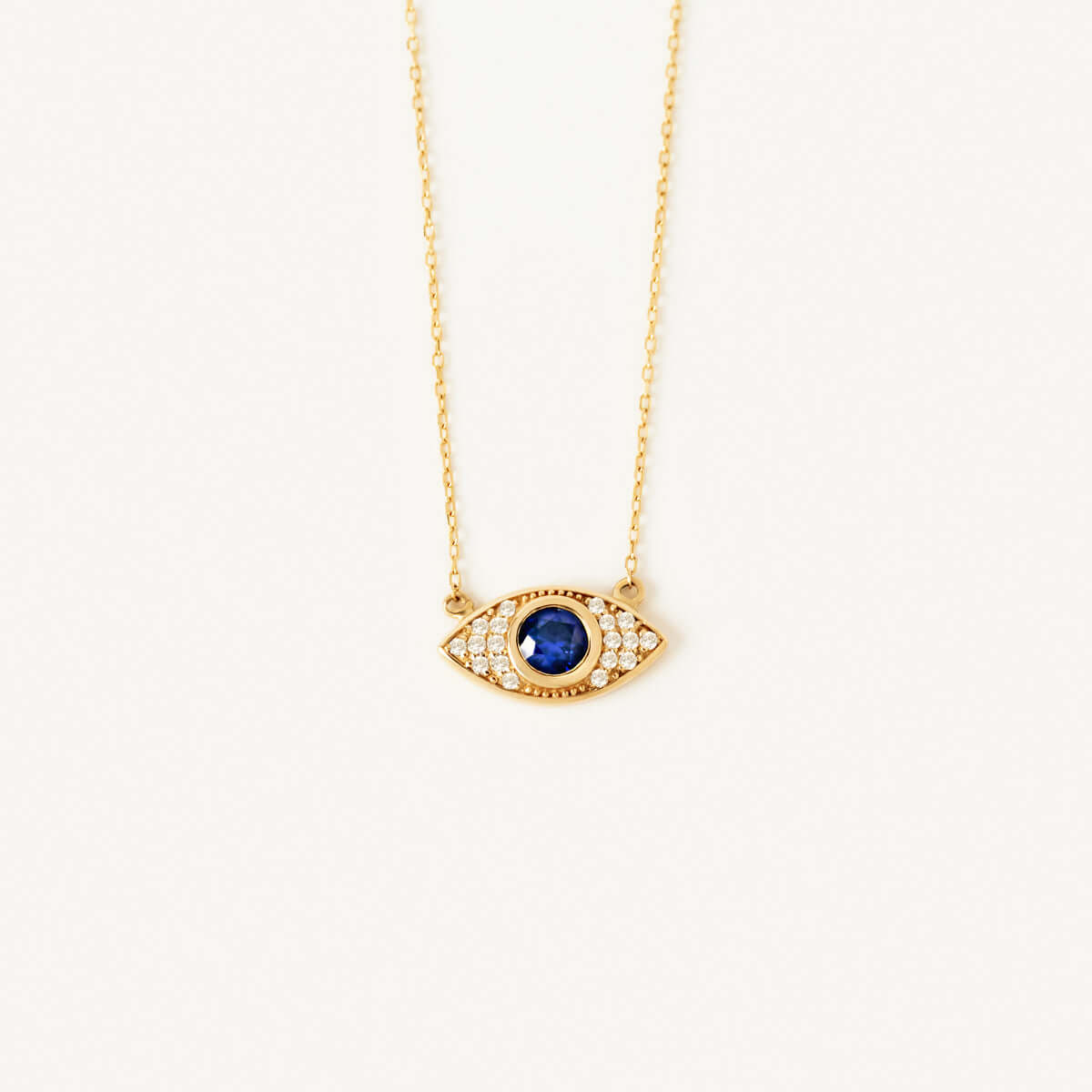 Diamond Pave Evil Eye Necklace with Sapphire in 14K Solid Gold