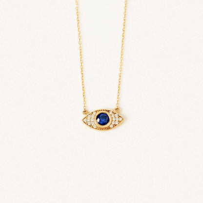 Diamond Pave Evil Eye Necklace with Sapphire in 14K Solid Gold