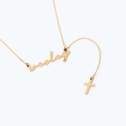 Custom Name Cross Y-Necklace in 14K Solid Gold