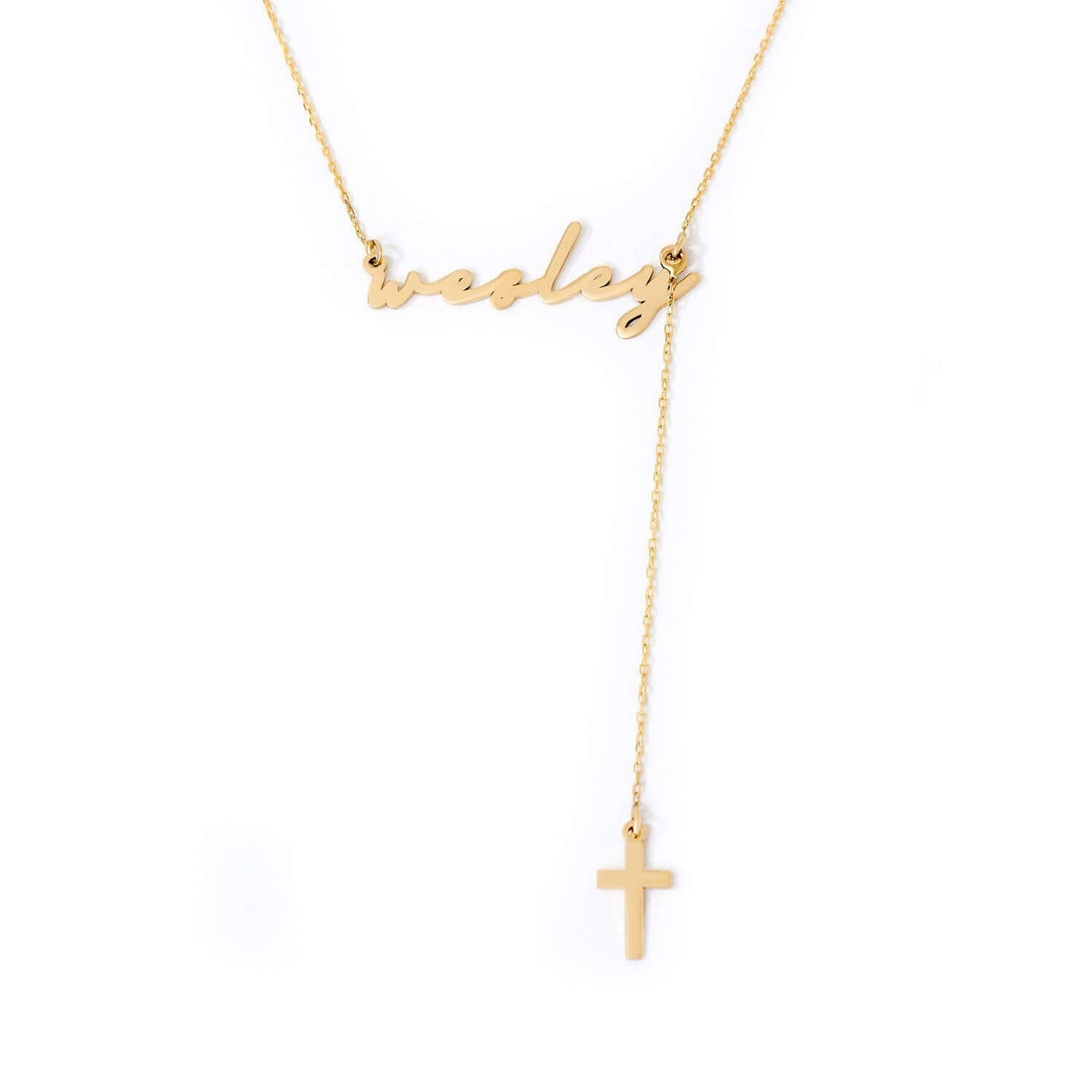 Custom Name Cross Y-Necklace in 14K Solid Gold