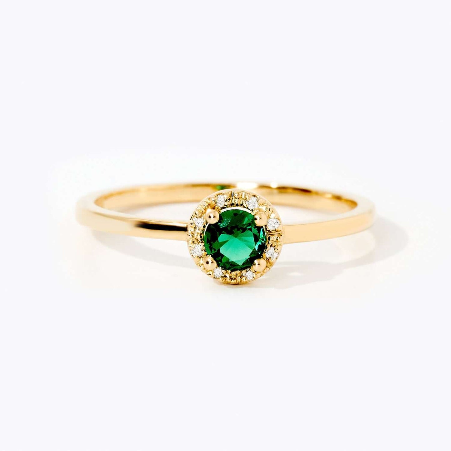 Diamond Halo Ring with Emerald in 14K Solid Gold