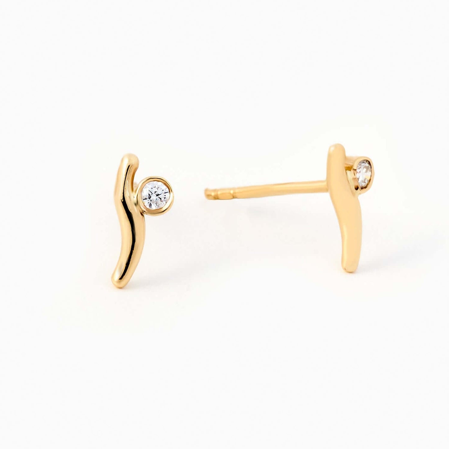 Diamond Italian Horn Stud Earrings in 14K Solid Gold