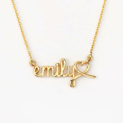 Handwriting Name Necklace with Heart in 14K Solid Gold